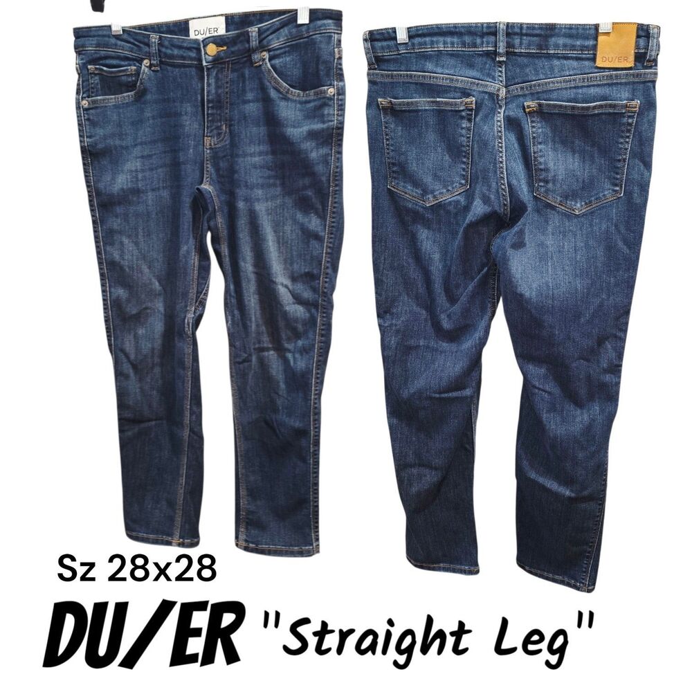 DU/ER  Sz 28x28 Dark Wash Straight Leg Performance Mid Rise Whiskered Blue Jeans